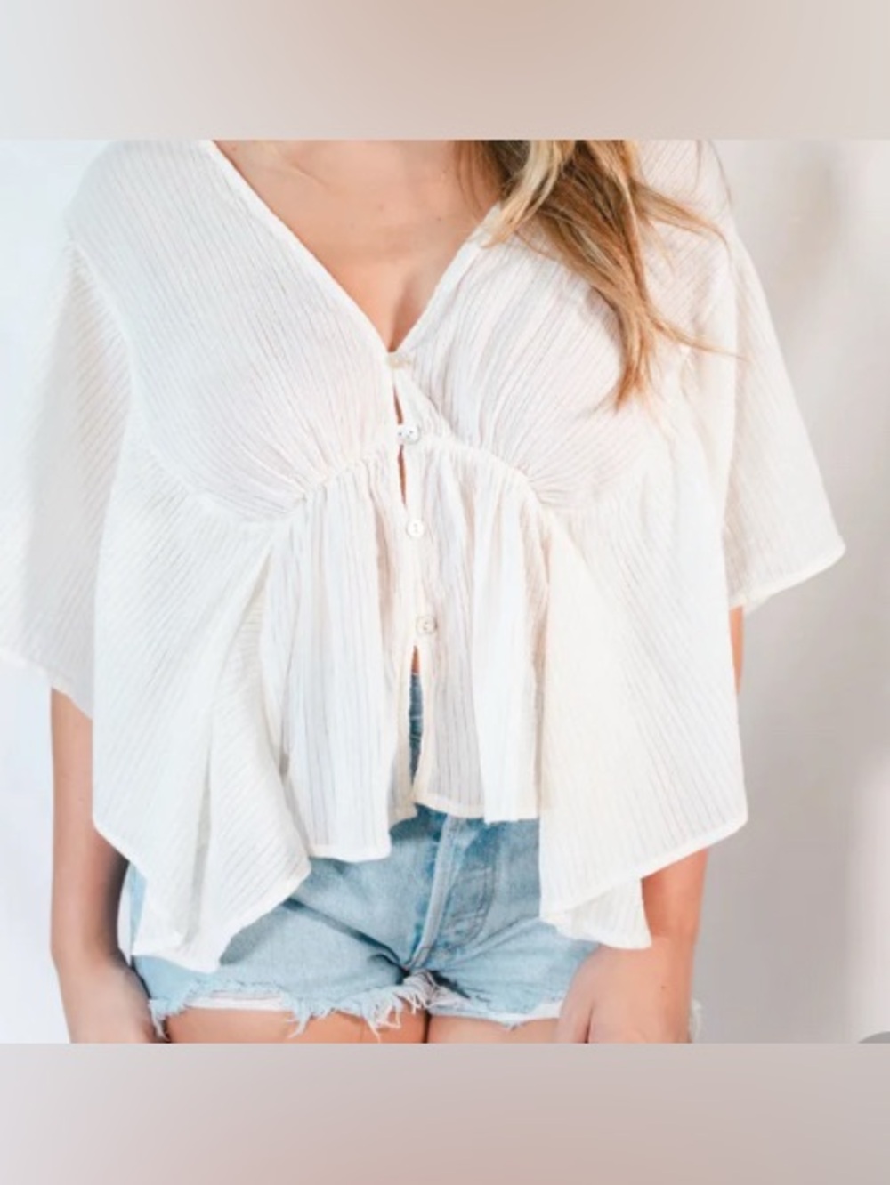 STARK X Off White Flutter Sleeve  Top/ Open Tie Back/Gold Threading: Small